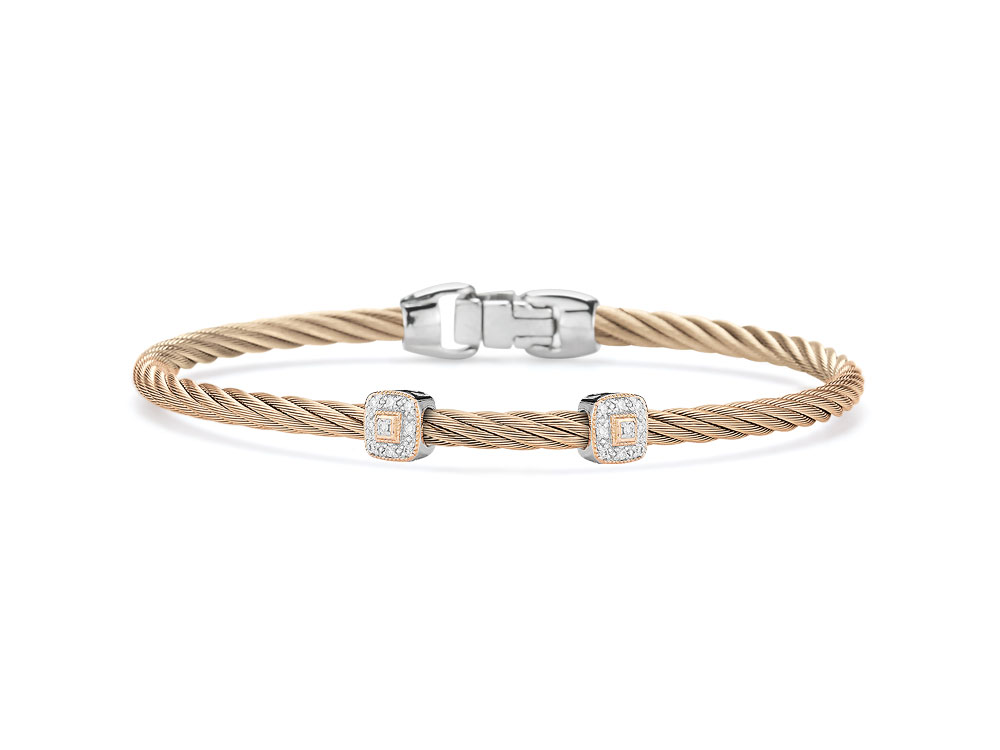 This heat treated carnation colored cable features two square 18k white gold stations with rose gold. A total carat weight of .09cts make this bangle perfect to stack with other's in the Alor collection.
Carnation Two Squared Station Bangle