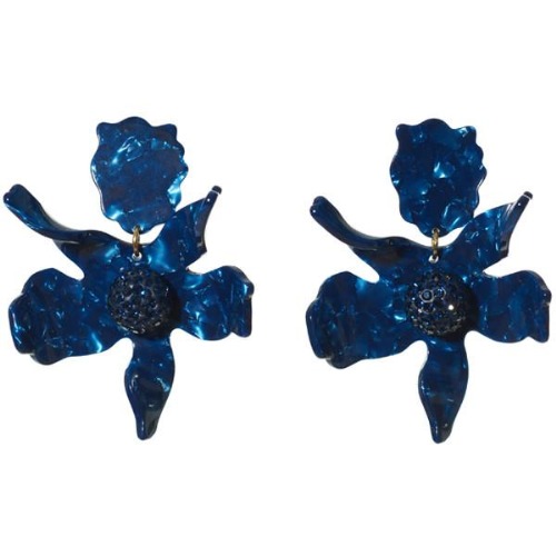 Our best selling earring. 3" by 2 1/2" HAND SWIRLED NAVY acetate lily flower with a 3/4" czech pave crystal center. 14k gold plated clip-on backs. Light weight and wearable day to night. Padded clip-on closure. Crystal Lily Earring - Navy