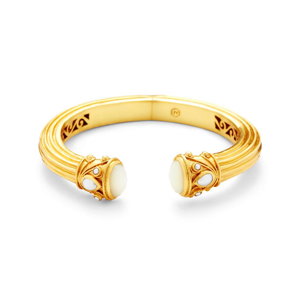 Artfully faceted gemstone endcaps accented with a teardrop top stone and pearl accents. Hinged to fit all wrists.
Byzantine Demi Hinge Cuff