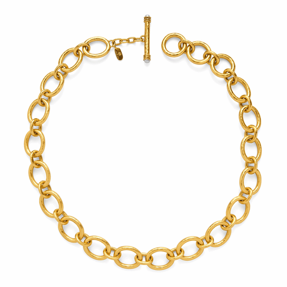 Links with a shimmering hammered finish, toggle decorated with bead-in-diamond motif and pearl endcaps. Adjustable from 17.5 inches to 19 inches. Catalina Small Link Necklace