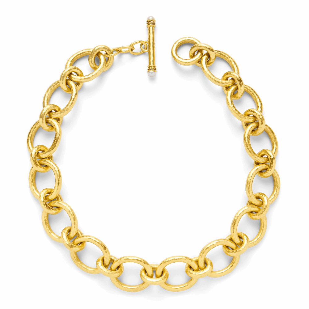 Links with a shimmering hammered finish, toggle decorated with bead-in-diamond motif and pearl endcaps. 20.5 inches. Catalina Large Link Necklace