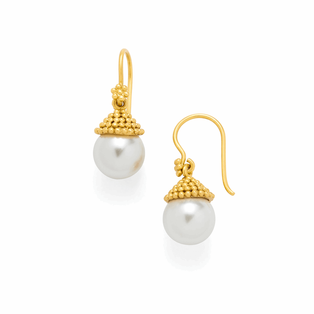 A gilded cap with a touch of edelweiss atop a 12mm shell pearl. 1 inch. 24K gold plate. Pearl Drop Earrings Florentine