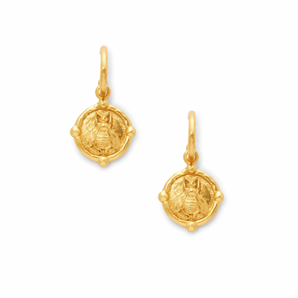 These 24k gold plate earring feature a small hoop earring with a coin displaying a bee, dangling from the hoop. Bee Hoop Drop Earring