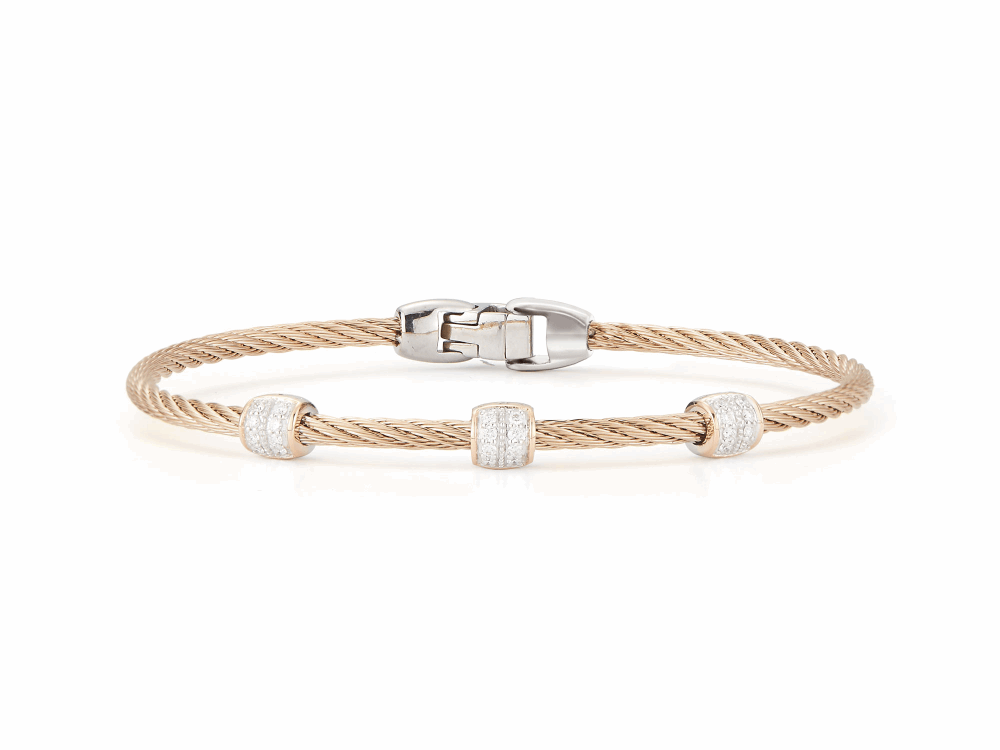 Carnation cable, 18 karat Rose Gold with 0.21 total carat weight Diamonds and stainless steel. Imported. SKU: 04-26-S937-11 ALOR Classique Carnation Single Cable Bangle with Three Rose Gold and Diamond Stations - ALOR
