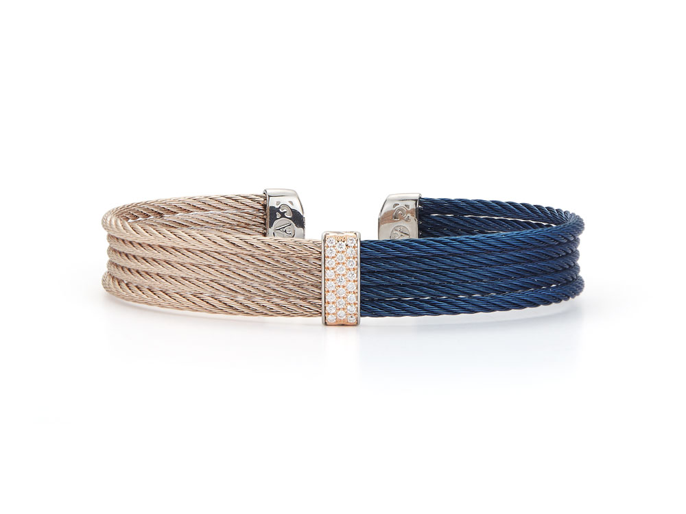 Blueberry cable and carnation cable, 18 karat Rose Gold, 0.19 total carat weight Diamonds with stainless steel. Imported. SKU: 04-48-S651-11 Fresh Finds Blueberry Carnation Half and Half Wrap Bracelet with Diamond Center Accent - ALOR
