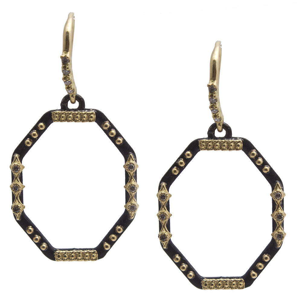 <div>These unique-shaped octagonal earrings from the Old World collection feature blackened silver, 18k yellow gold, and white diamonds.</div><div>Their shape will draw their eyes, the accents will keep them there!</div> Old World octagonal earrings with diamonds
