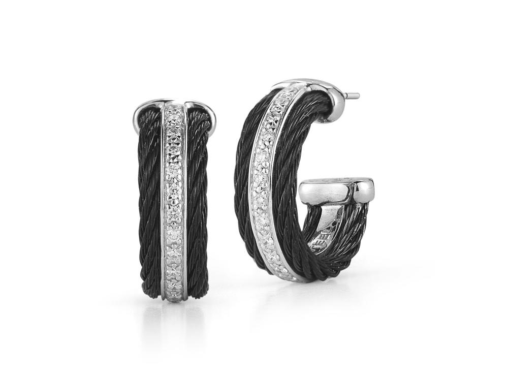 Black cable 2 row, 18 karat White Gold, 0.27 total carat weight Diamonds and stainless steel. Imported. Black Cable Huggie Earring with Diamonds