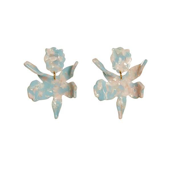 Our best selling earring now in a smaller scale. 2 1/4" by 1 3/4" hand swirled sky blue and ivory acetate lily flower with a surgical steel post closure. Lightweight and wearable from day to night. Small Paper Lily Earrings - Sky Blue
