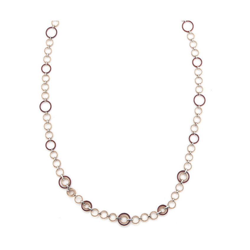 Alor's long interlocked cable necklace makes a perfect layering piece or can be double for an entirely different look. Alor's signature heat treated steel cable is locked together with 18k gold links.<div><br></div><div><ul><li>Available in Carnation/Burgundy, Yellow/Grey, Black/Grey, Rose/Yellow/Grey, & Bronze/Rose/Yellow</li><li>18k Gold Clasp and Links</li><li>36" Length</li></ul></div> Long Interlocked Cable Necklace
