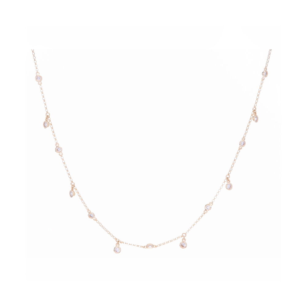 14KYG Dancing Diamond Necklace with 13 round diamonds = 0.56TCW. Dainty and delicate. You will love the versatility of this piece. This necklace can be worn at 14 inches (the shortest length) 15, 16 and 17 inches(the longest length). Its delicate and light weight enough to wear throughout the day and into the evening. Wear this pretty little necklace alone or step it up a notch or two and pair it with several other layering necklaces. This is the perfect necklace to start all your layering with. Pair it with some fabulous earrings or another necklace from our collection. Need help? , no worries. Call or email us your questions, and we will gladly help you find the piece or pieces you are looking for. 14k YG 13 DIA: 0.56tcw Dancing Diamond Necklace