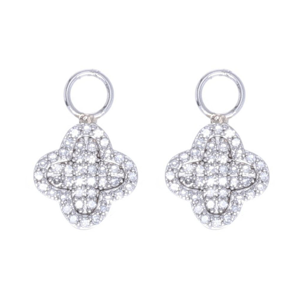 <font size="2">Light and easy to wear as an every-day piece, these lovely and versatile clover motif charms can be worn with huggie hoops or with diamond studs. Crafted using 14k white gold and diamonds.</font> Clover Motif Earring Charms 14k Gold with Diamond