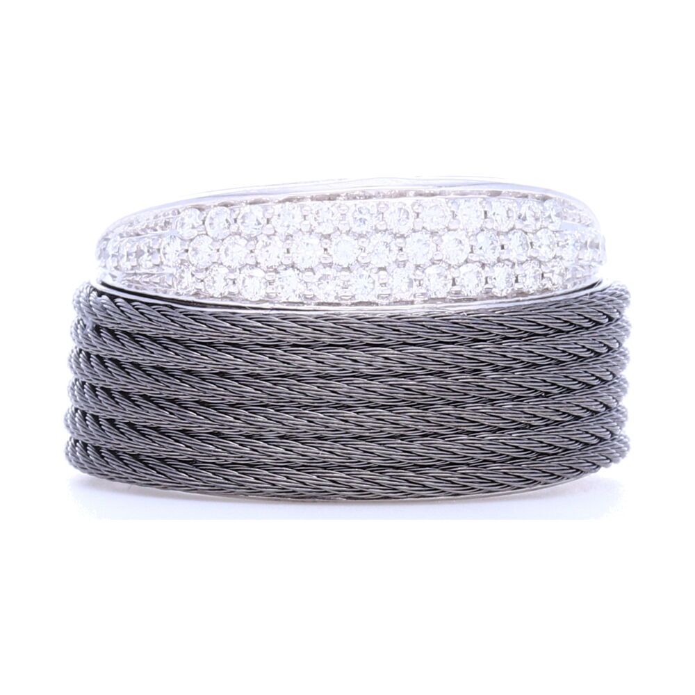 This glamorous ALOR slanted grey cable ring is the perfect addition to any jewelry lovers collection. With .36 carats of diamonds, this ring radiates elegance and class. Due to its lightweight design, this ring is perfect for a day or night time look. Grey Peekaboo Ring