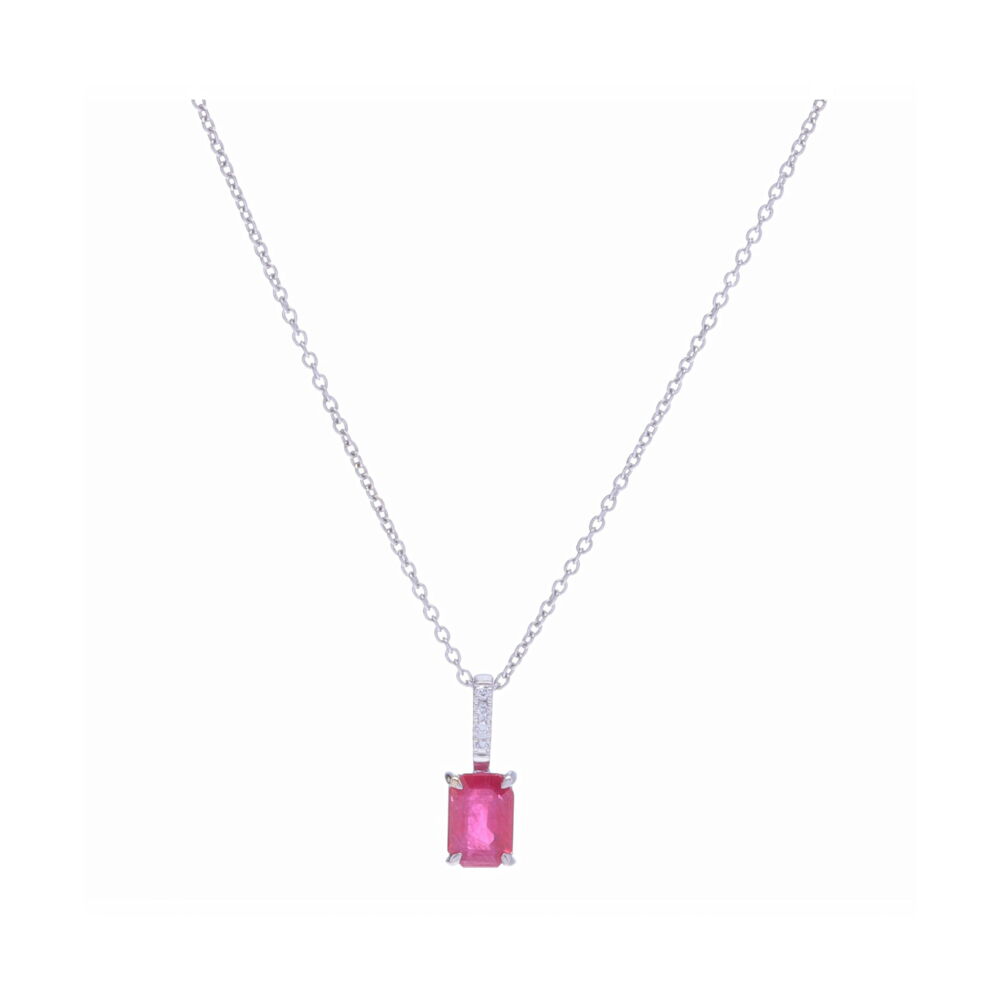 This magnificent emerald cut ruby pendant weighs in at 1.05 carats and is set into 18k white gold with a diamond pave on the bale. A perfect every day pendant - celebrate a July birthday for yourself or a loved one. Emerald Cut Ruby Pendant Necklace