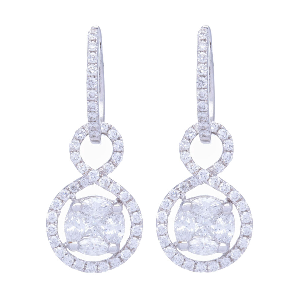 These 1.38 total carat weight dangle earrings are so versatile. They are actually an earring charm and a hoop and can be worn separately. The clustered diamonds are surrounded with an infinity shaped diamond halo. Huggie hoops can be worn with a variety of different earring charms or just casual. Great every day diamond dangle earring - easy to go from day to night. Clustered Diamonds Earring Charms with Infinity Halo