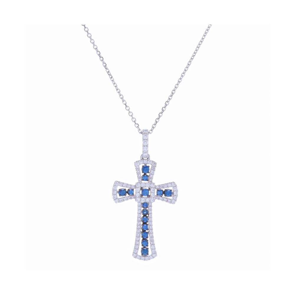 This 14k white gold cross necklace contains .38 carats of diamonds and .35 carats of brilliant cut sapphires. This beautiful cross necklace is timeless and elegant and sure to turn heads. 14k White Gold Sapphire and Diamond Cross Necklace