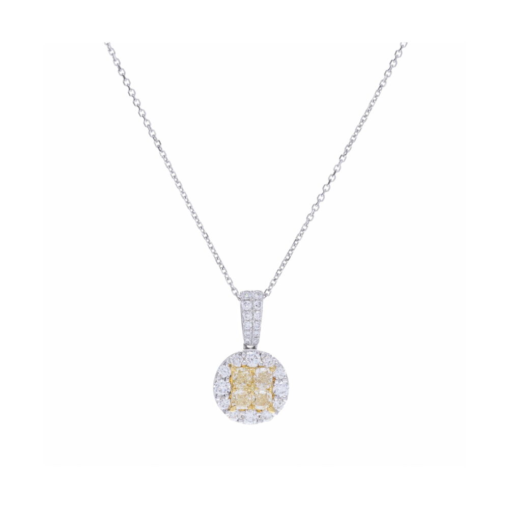Clustered deep yellow diamonds surrounded with a white diamond halo totaling 1.45 carats of diamonds gives this pendant some serious wow factor. Set in 14k white gold - this pendant easily goes from day to night. Custer Set White & Yellow Diamond Pendant Necklace