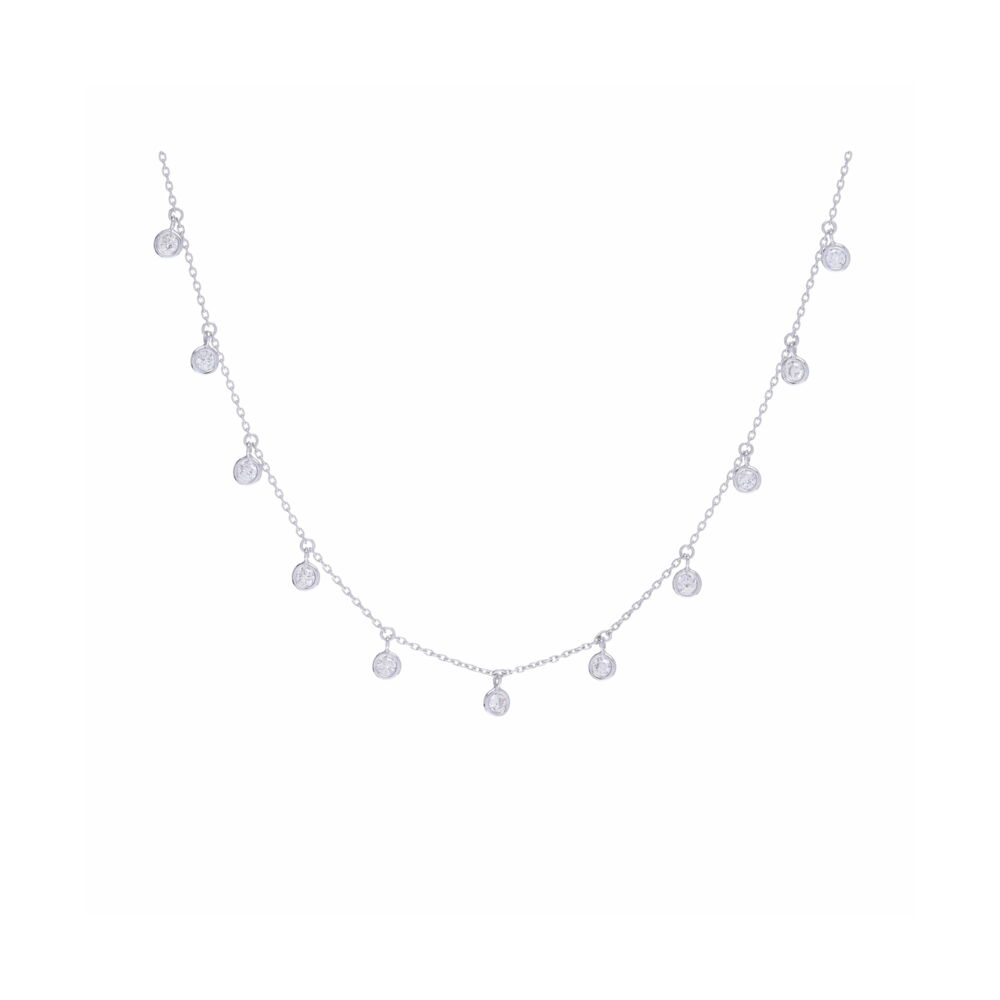 This 14k white gold 11 stone bezel set diamond fringe necklace contains .86 carats of diamonds. This petite and stunning necklace can be worn alone or paired with other necklaces for the popular layered look. However you wear this necklace, you are bound to turn heads. 14k White Gold 11 Stone Bezel Set Diamond Fringe Necklace