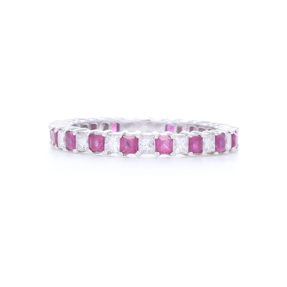 0.99 carats of rubies and .72 carats of diamonds in this alternating pattern eternity band makes for a nice touch on the standard round cut gemstone band. Set in 14k white gold, this rings color will brighten up any stack ring set. Prong Set Princess Cut Rubies and Diamonds Stack Ring set in 14k White Gold