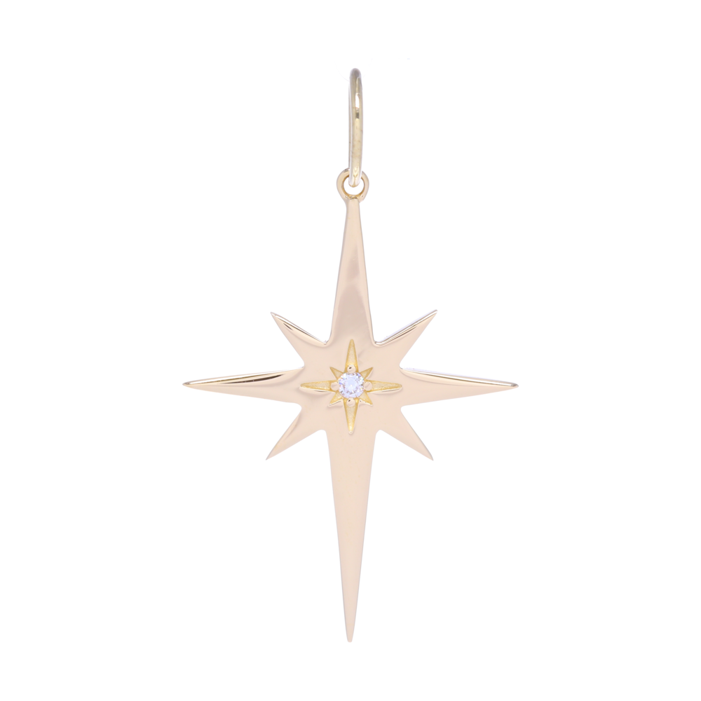 This large yellow gold north star charm pendant has .04 carats of diamonds and is set in 2.34 grams of gold. Makes for a beautiful anchor piece to a charm necklace or can stand alone on it's own. Symbolizes the guide to following your path when lost. Large Gold North Star Charm Pendant with a Diamond