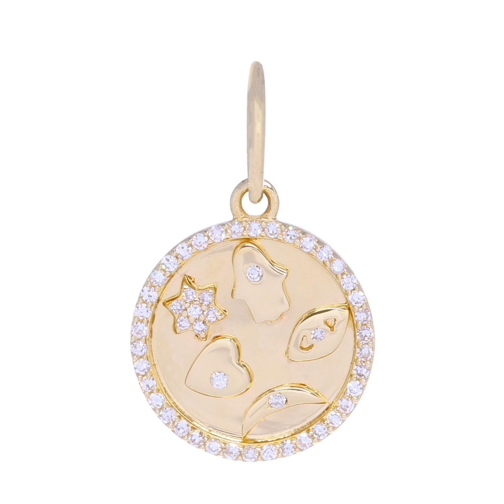 This beautiful circle shaped 5 symbol pendant is great for layering or it could be worn as a medallion on its own. It depicts an evil eye, Hamsa, moon, star and heart, all with diamonds. Crafted using 1.8g of gold and 0.05 carats of diamonds. It would sweeten up any chain or set of charms, because one charm is good, but more is better!<div>Diamond Weight: 0.05ct</div> Small Five-Symbol Medallion Pendant 14k Gold with Diamonds