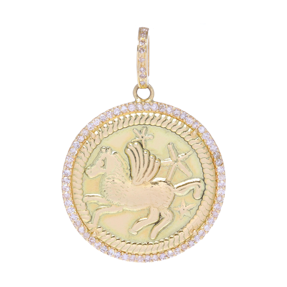 This Large 14k gold pave diamond Pegasus medallion charm is perfect for being a base charm in layering or being on its own. Crafted using 3.1g of 14k gold and 0.3 carats of diamonds. This charm can fit on a chain up to 5mm in gauge, but is ideal for a chain with an openable station. The Pegasus typically symbolizes power, freedom, and innate talent or abilities.<div>Diamond weight: 0.3ct</div> Pegasus & Stars Medallion Pendant 14k Gold with Diamonds