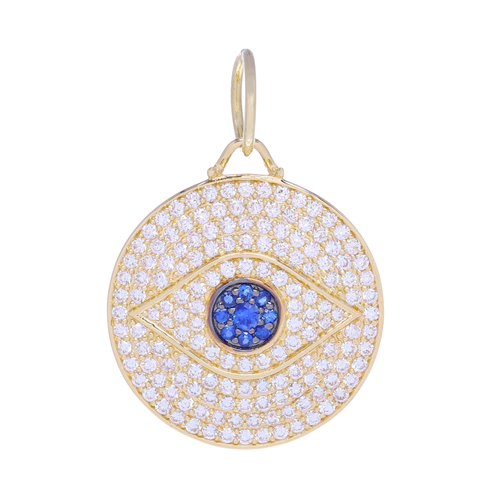 This Large Evil Eye medallion charm is perfect for being a base charm in layering or being on it's own. Crafted using 3 g of 14k gold, blue sapphires, and 1.1 carats of diamonds, makes this statement piece eye-catching even from across the room. This charm can fit on a chain up to 7mm in gauge, but is ideal for a chain with an openable station. This depiction has meaning in various cultures, but its significance is rooted in keeping evil away.
<div>Diamond weight: 1.1ct</div> Large All-Seeing Eye Pendant 14k Gold with Pave Diamonds and Blue Sapphires