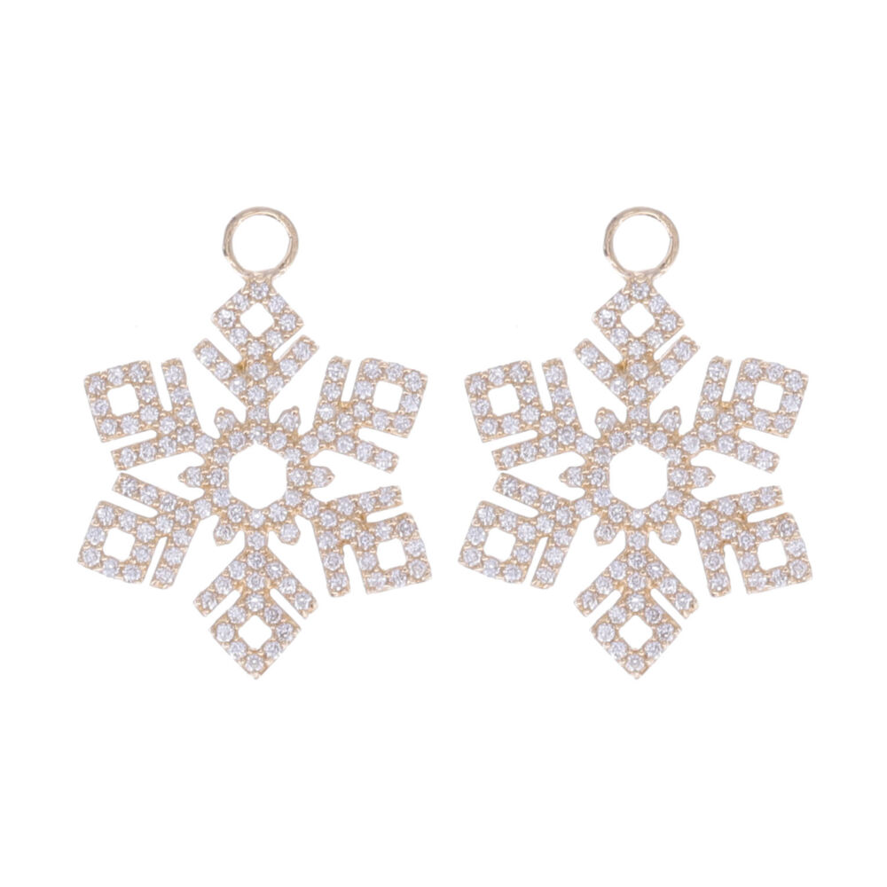 These snowflake earring charms are the perfect touch of winter. These charms pair perfectly with our hoop huggies but also have the versatility to be worn as a pendant! These charms are a fabulous way to bring winter with you wherever you go.<div>Diamond weight: 0.80ct</div> Snowflake Earring Charms 14k Gold with Diamonds