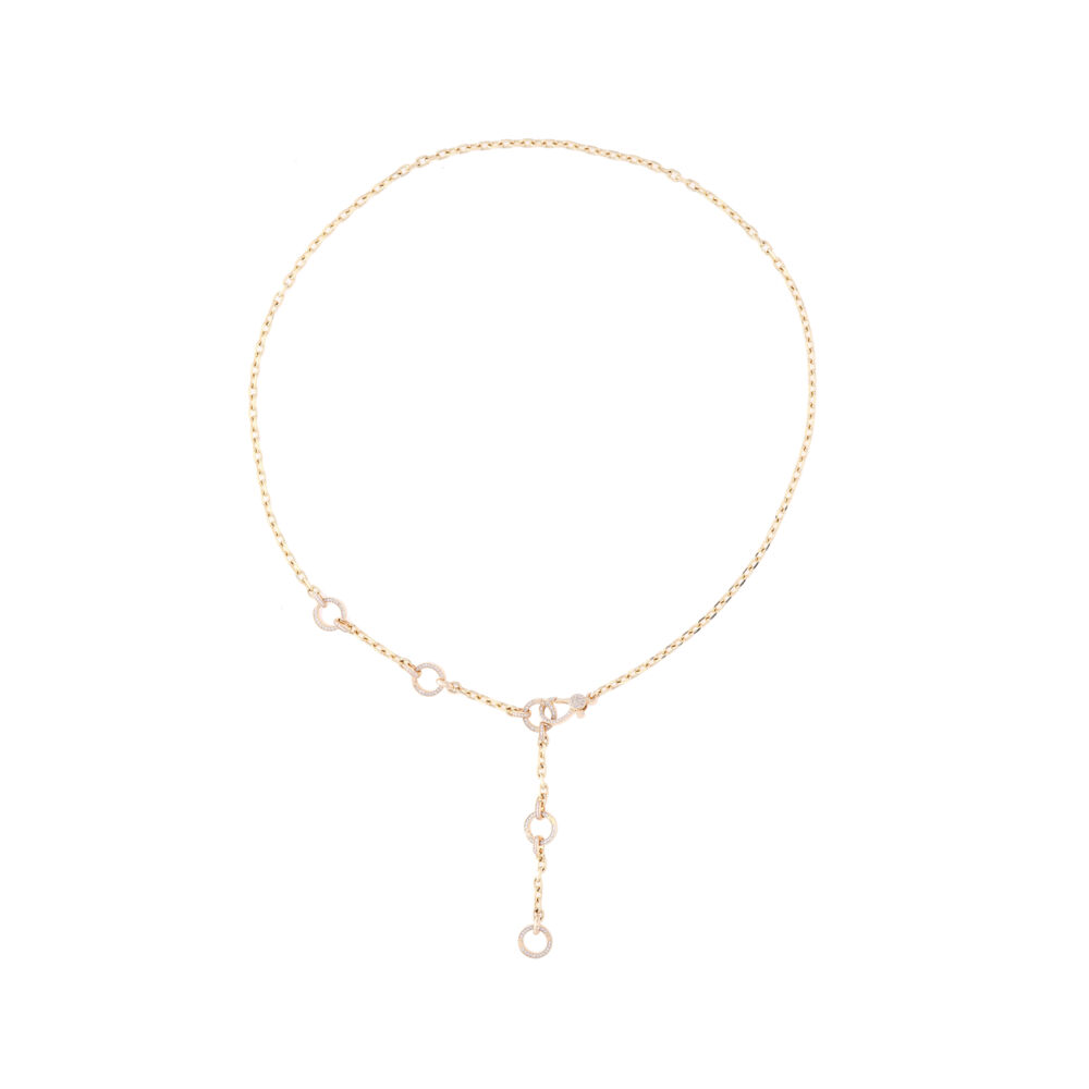 This 14k yellow gold lariat necklace is 24 inches in length, containing .90 carats of diamonds. This unique lariat contains five openable rings with pave diamonds making it easy to adjust in size or to add beautiful accent charms and medallions. With such versatility, this isn't your grandmothers regular gold chain. Whether worn with or without charms, this necklace is sexy, sleek and perfect for all occasions. 14k Yellow Gold Chain Lariat Necklace with 5 Openable Rings