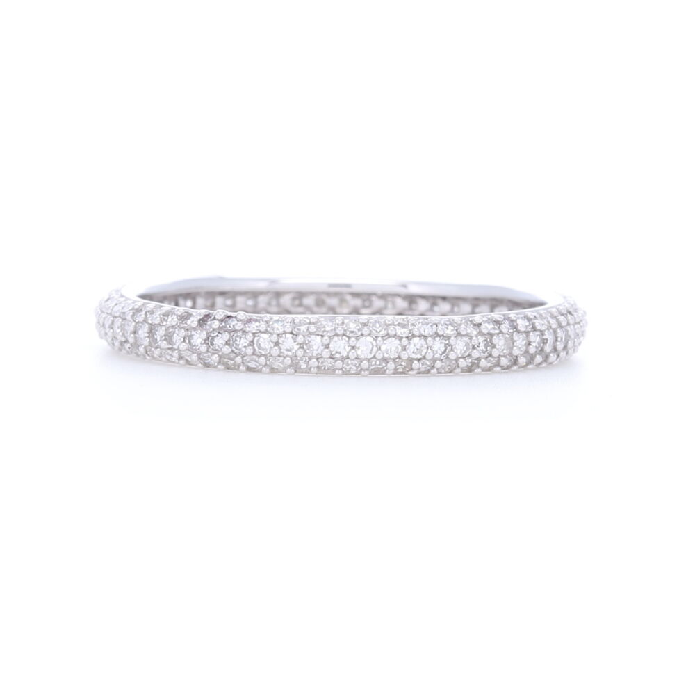 3 rows of pave set diamonds are set in this 14k white gold eternity stack ring. This ring has a rounded outer edge for a comfortable fit, total carat weight is .62 carats of diamonds. 3 Row Pave Set Diamond Eternity Band 0.62ct 1.4g