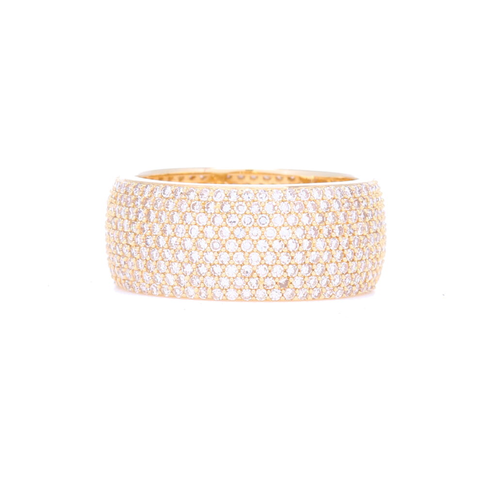 Wow - 2.76 carats of diamonds in this super slim profile, comfortable, brilliant cut pave diamond band. Set in 5.4 grams of 14k gold this ring will add blinding sparkle to any hand. If you have long fingers you might get away with stacking this but probably best worn on it's own.
14k Yellow Gold 9 Row Pave Diamond Band
