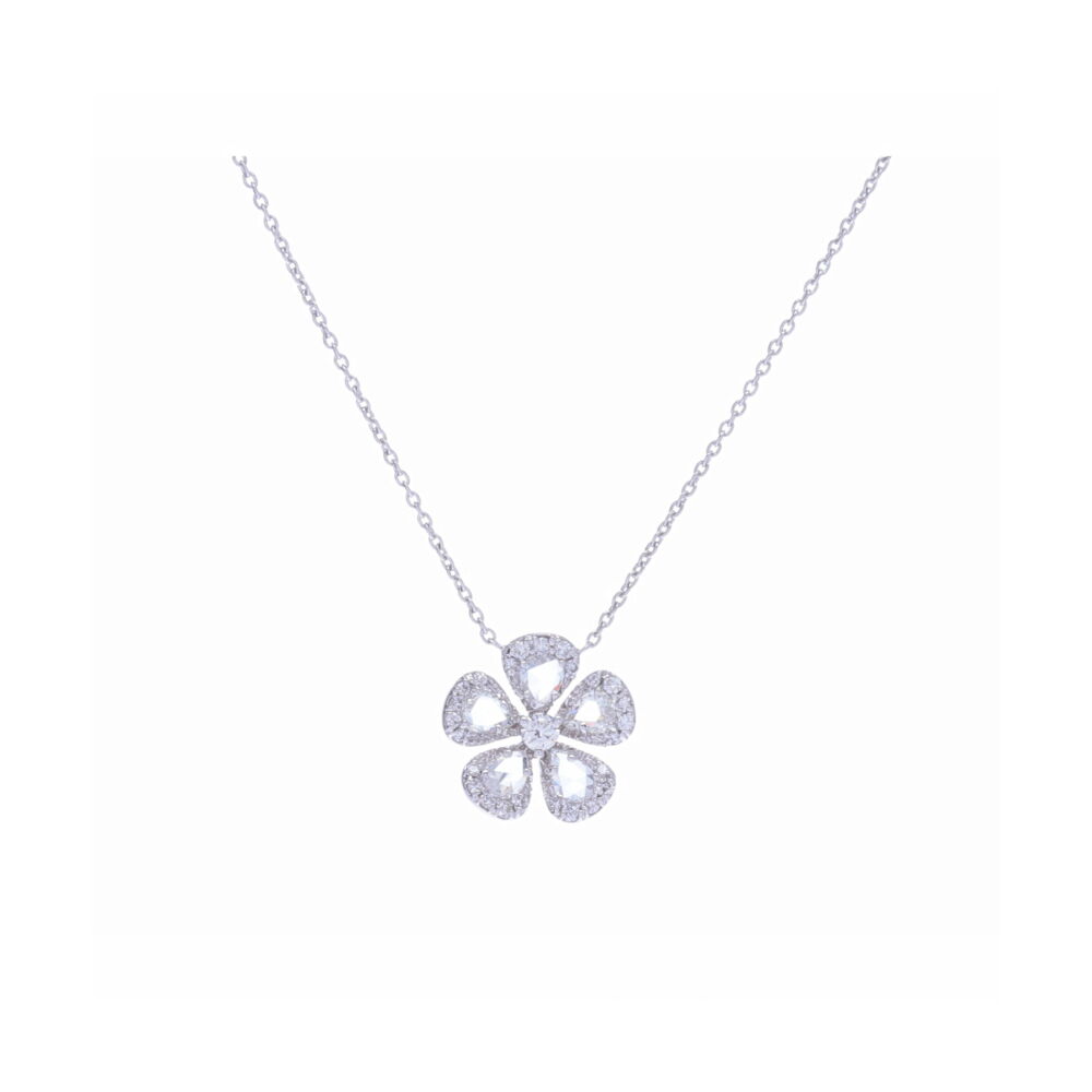 This 0.48 carat rose and brilliant cut diamond flower pendant necklace is a must if you adore rose cut diamonds surrounded in brilliant cut diamond halos to bring sparkle to a delicate flower. Delicate, feminine, understated and affordable. Perfect for every day yet great to layer with for a more substantial look. Grace Rosecut Diamond Flower Necklace in 18k White Gold