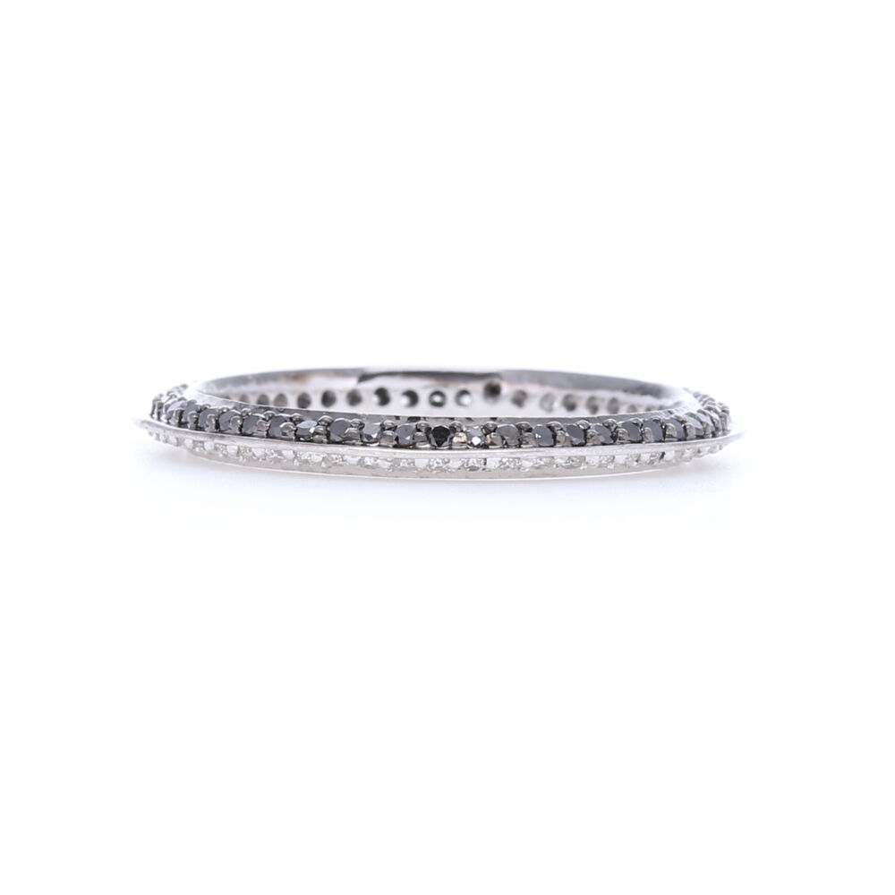 For those that can't commit to a color - this is the perfect stack band. 18k Gold White and Black Diamond Disk Band