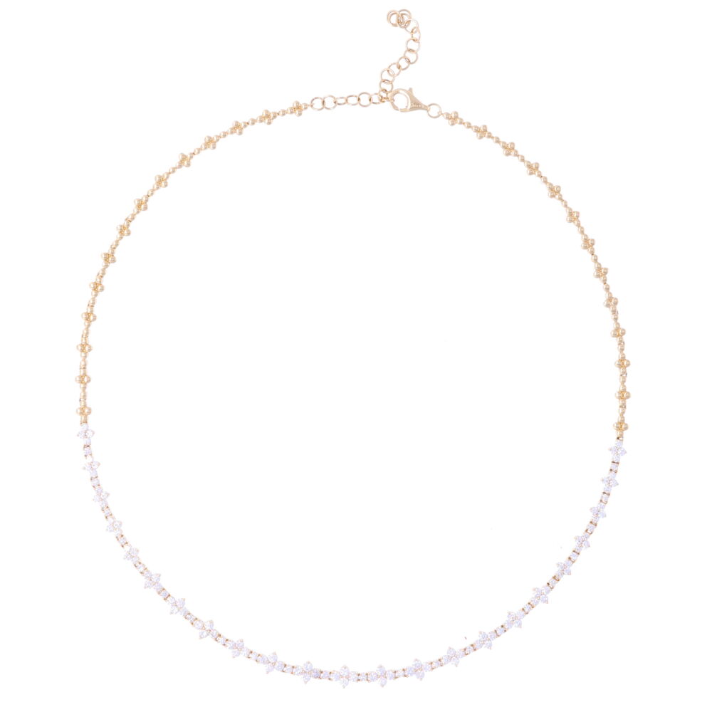 <font size="2">Whether worn on its own, or layered with additional chains, this piece is perfect for casual everyday wear, or any formal occasion. </font><div><font size="2"><br></font></div><div><ul><li><font size="2">Handcrafted of 14k Yellow Gold</font></li><li><font size="2">Diamond weight: 2.78ct</font></li><li><font size="2">Extendable from 14"-16"</font></li></ul></div> Diamond cluster choker 14k Gold with diamonds