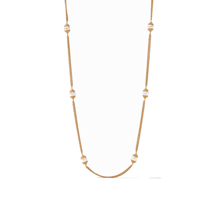 24k gold plate double chain, with bright chevron capped pearl stations. Calypso Pearl Station Necklace