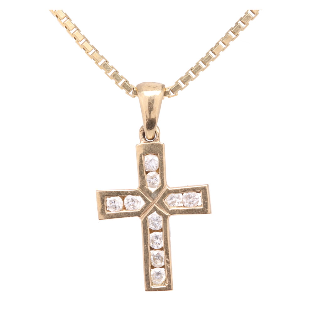14K Yellow Gold Diamond Cross .75" Tall, .16tcw on Italian Box Chain Necklace 4.0g, 18" Long x 1.2mm