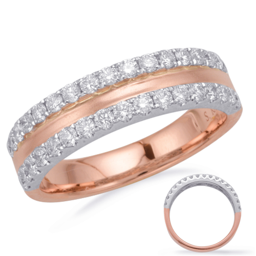 This fashion diamond ring is available in 14K Rose and White Gold. There are a total of 34 stones. There are round diamonds with a total carat weight of 0.61ct set in a Micro Prong setting 14k Brushed Rose Gold Double Diamond Band
