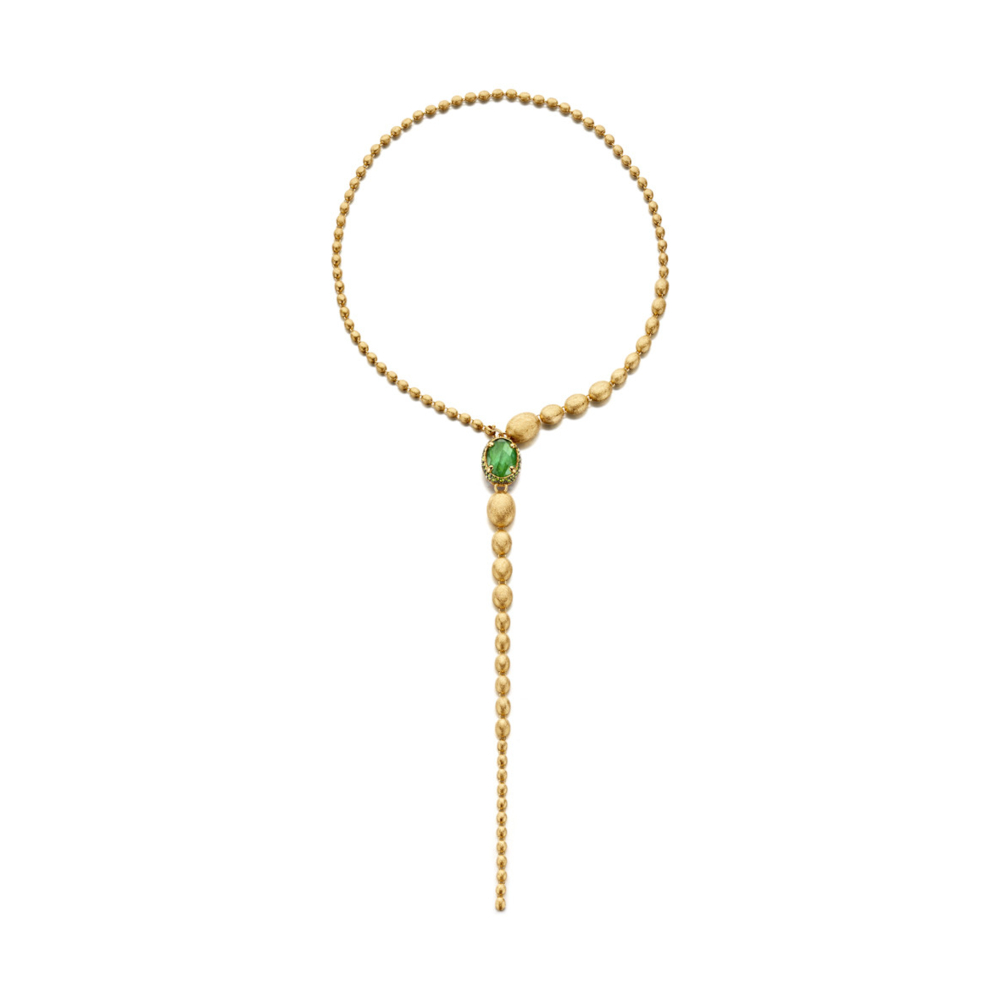 One of Nanis' signature pieces, this Dancing Reverse Necklace makes its own statement. This innovative necklace features reversible settings, as well as a interchangeable neckline. Wear this as a Y necklace or a complete circle. One side features a Green Labradorite with Rocca crystals: on the other is a pavè of pink sapphires, amethysts, and tsavorites. These dancing stones can't help but catch the eye! Dancing Reverse Necklace Green/Pink