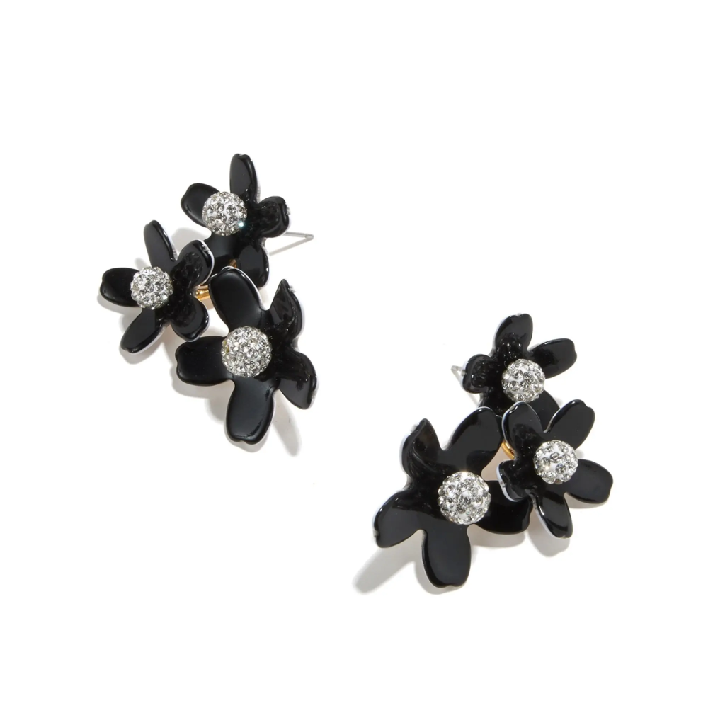 These jet black colored earring features a bouquet of three daisy-like flowers each with their own center of small crystals. Garden Bouquet Button Earring