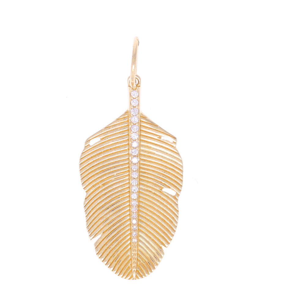 <font size="2">Dream of the beaches while wearing this beautifully textured palm leaf. Handcrafted in 14k yellow gold and accented with diamonds, this pendant will make a great companion piece, or worn on its own. Create a layered look that is as unique as you by adding necklaces and pendants.</font><div><font size="2">Diamond weight: <span style="font-family: inherit;">0.10tcw</span></font></div> Large Textured Palm Leaf with Diamonds