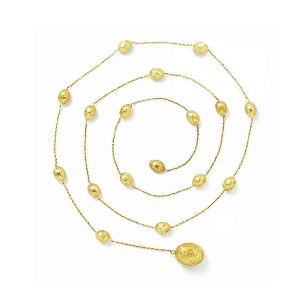 This 18k yellow gold necklace brought to you by Nanis, features a thin chain displaying brushed gold beads displayed in different sizes down the chain. Dancing in the Rain Long Bead Y Necklace