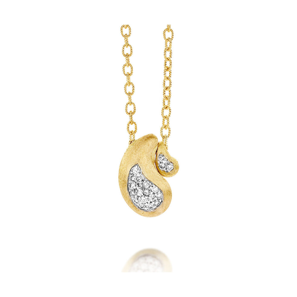 This beautifully crafted necklace displays two paisley diamond decorated drops. Displayed on a classically lightweight chain, this would be perfect for wearing casually during the day and transitioning it into night-time use. Cachemire Paisley Diamond Inset Pendant