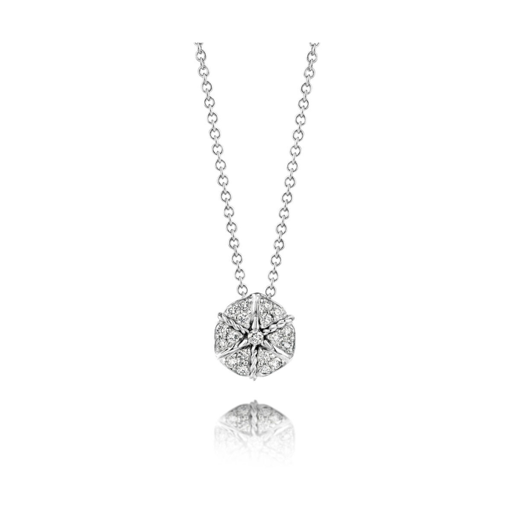This stunning, Amarcord necklace comes in 18k white gold and features a design intended to mimic a flower. "Amarcord" is an Italian expression meaning "I remember", and is dedicated for all those who believe in the magic of time. The ability to re-envision your history and to rewrite the future. White Gold Amarcord Necklace