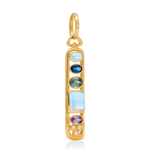 The Theodora Cartouche pendant is 2.3" length and handcrafted in 18k yellow gold with royal blue moonstone, diamond, and sapphire. 18K Theodora Cartouche Pendant