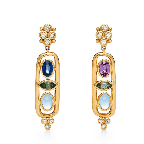 The Theodora Cartouche earrings are 1.5" length handcrafted with 18k yellow gold, royal blue moonstone, sapphires, and diamond. 18K Theodora Cartouche Earrings