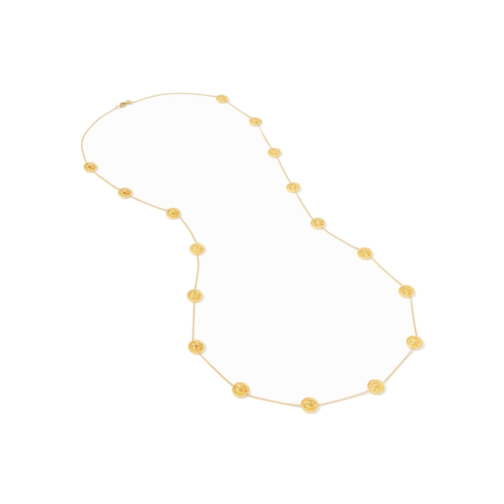 This necklace which measures 40 inches in length, is adorned with coins depicting a rider on a horse. Each coin is double-sided, with a sparkly CZ on both sides. Coin Delicate Station Necklace with CZ
