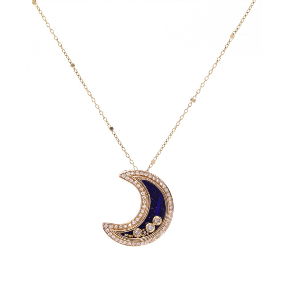 14k Gold Moon Outlined in Diamonds W/Floating Diamonds and Blue Sand Stone Back
