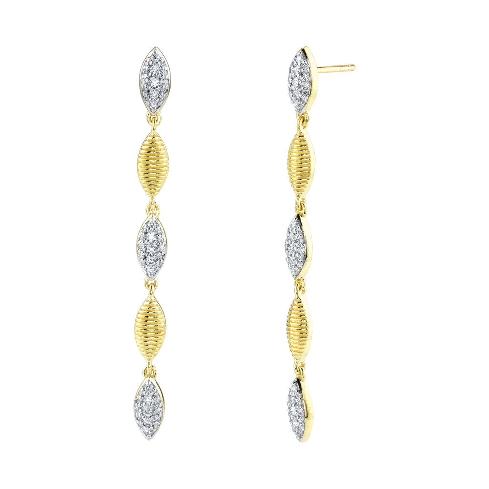 <div style="color: rgb(68, 68, 68); font-family: "Open Sans"; font-size: 11.9px; position: initial; margin: initial;">SLOANE STREET ELONGATED FIVE MARQUISE STATION EARRING WITH ALTERNATING WHITE DIAMOND PAVE PEA POD SHAPES AND TEXTURED STRIE PEA PODS WITH POST AND LARGE BACK CLOSURE. THE SLEEK DESIGN CREATES A CONTEMPORARY LOOK WITH A CLASSIC FEEL WHILE LIGHT AND COMFORTABLE TO WEAR EVERYDAY.</div><ul style="padding: 10px 20px 10px 30px; margin-block-end: 0px; margin-block-start: 0px; float: left; width: 440px; color: rgb(68, 68, 68); font-family: "Open Sans"; font-size: 11.9px; position: initial; margin: initial;"></ul> Marquise Drop Earrings with Strie and White Diamond Detail