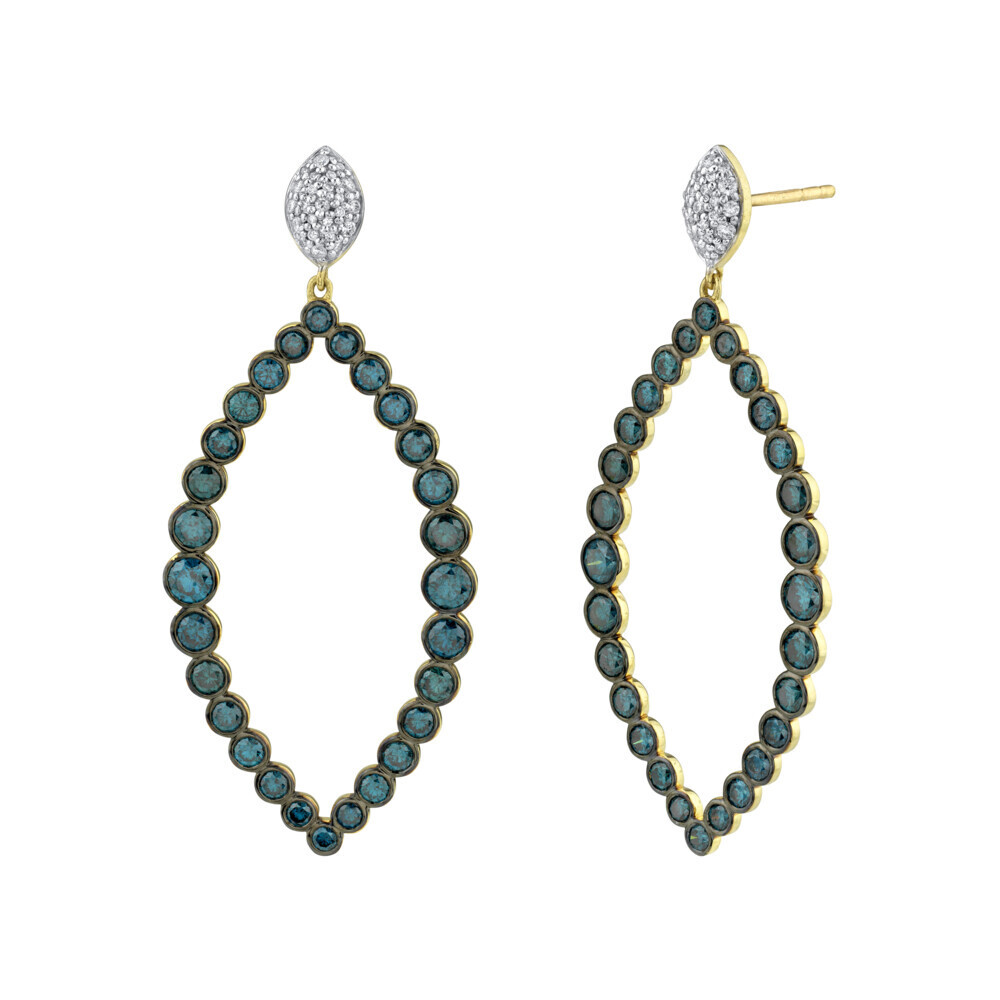 <span style="font-size: 16.8px; position: initial; margin: initial;">SLOANE STREET OPEN GRADUATED MARQUISE DANGLE PEARL EARRINGS FEATURE BEZEL SET BLUE DIAMONDS AND PETITE WHITE DIAMOND PAVE MARQUISE TOP, WHICH ADDS JUST THE RIGHT AMOUNT OF SPARKLE WITHOUT BEING TOO DRESSY. THIS IS AN EASY GO-TO EARRING WITH POST AND LARGE PUSH BACK CLOSURE IN 18K YELLOW GOLD.</span> Open Marquis Earring with Blue Diamond Detail