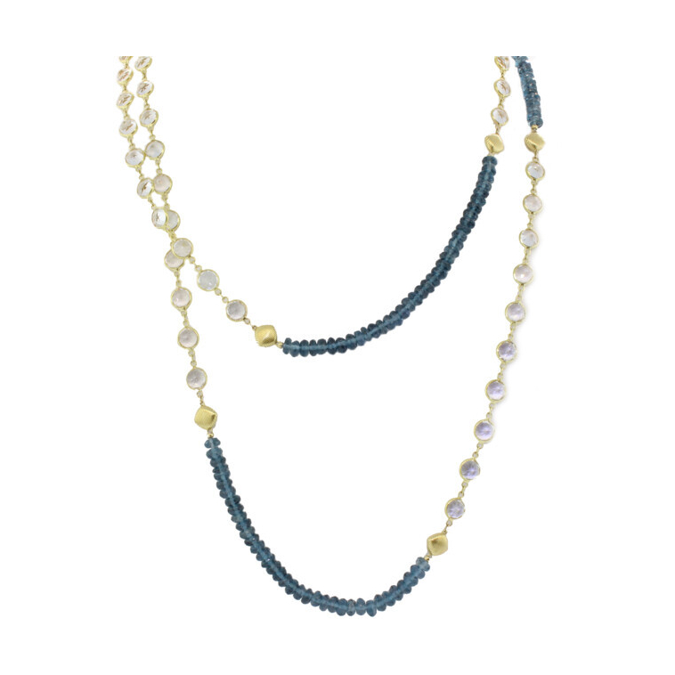 <span style="font-size: 16.8px; position: initial; margin: initial;">LONDON BLUE BEADED STATION WITH WHITE TOPAZ CHAIN DETAIL AND GOLD STRIE STATIONS, 18K YELLOW GOLD, 40"</span> London Blue and white Topaz Chain