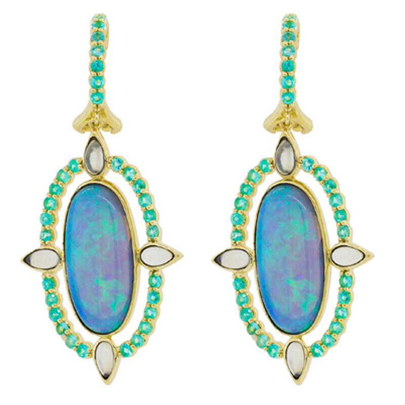 <span style="font-size: 16.8px; position: initial; margin: initial;">OVAL CRYSTAL OPAL SURROUNDED BY PARAIBA FRAME, PARAIBA ET, 18K YELLOW GOLD 4 AC PEARS</span> Oval Crystal Opal With Aqua Chalcedony and Paraiba Detail